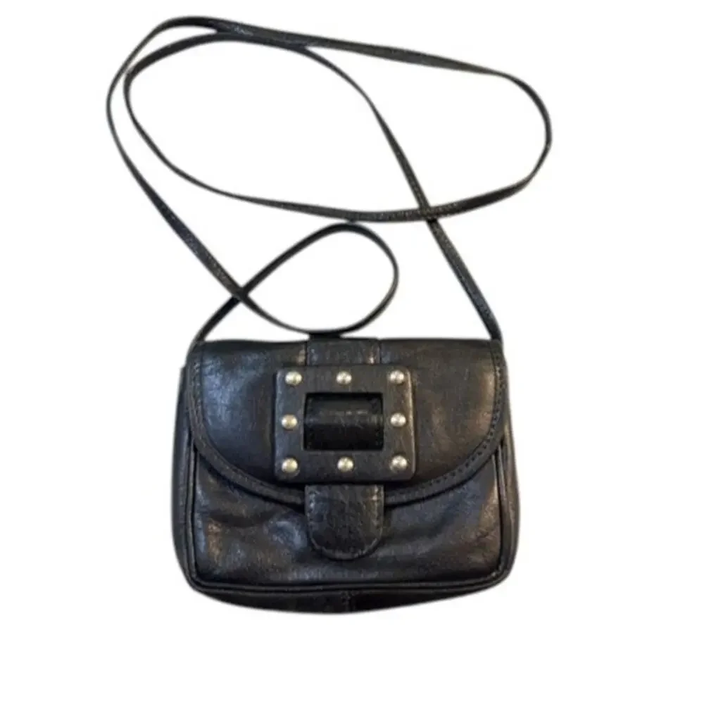 Black Leather Mini Crossbody Bag Studded Buckle Small Purse Y2K Vintage EUC